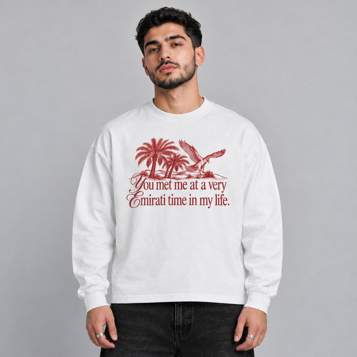 Emirati Time Long Sleeve in white, worn