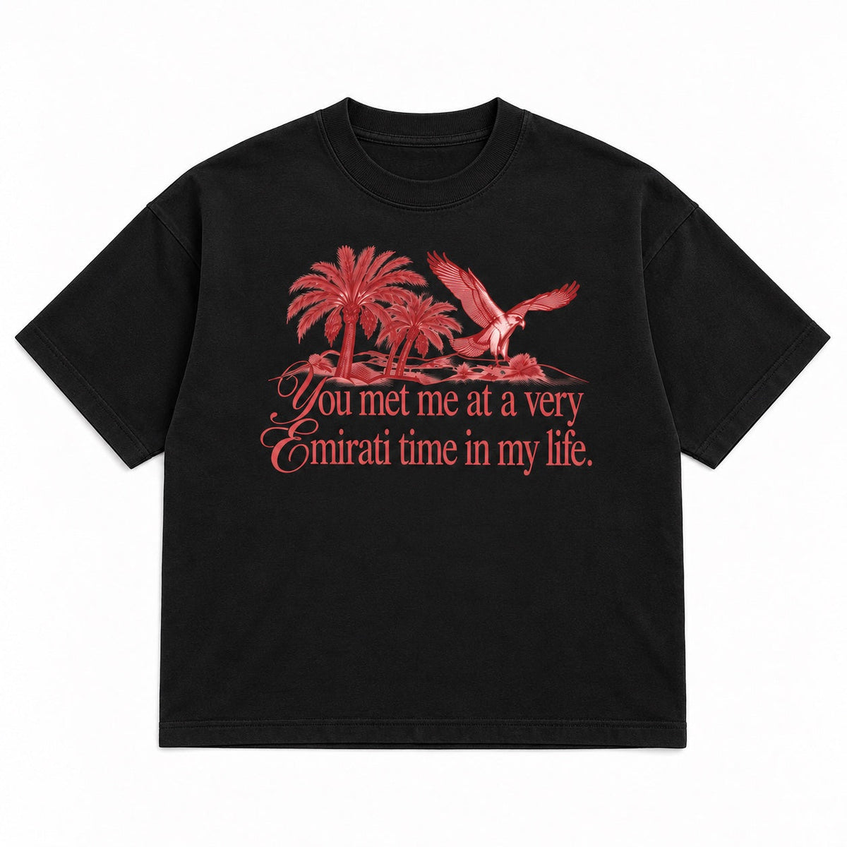 Emirati Time Tee in black, red palm tree and falcon print