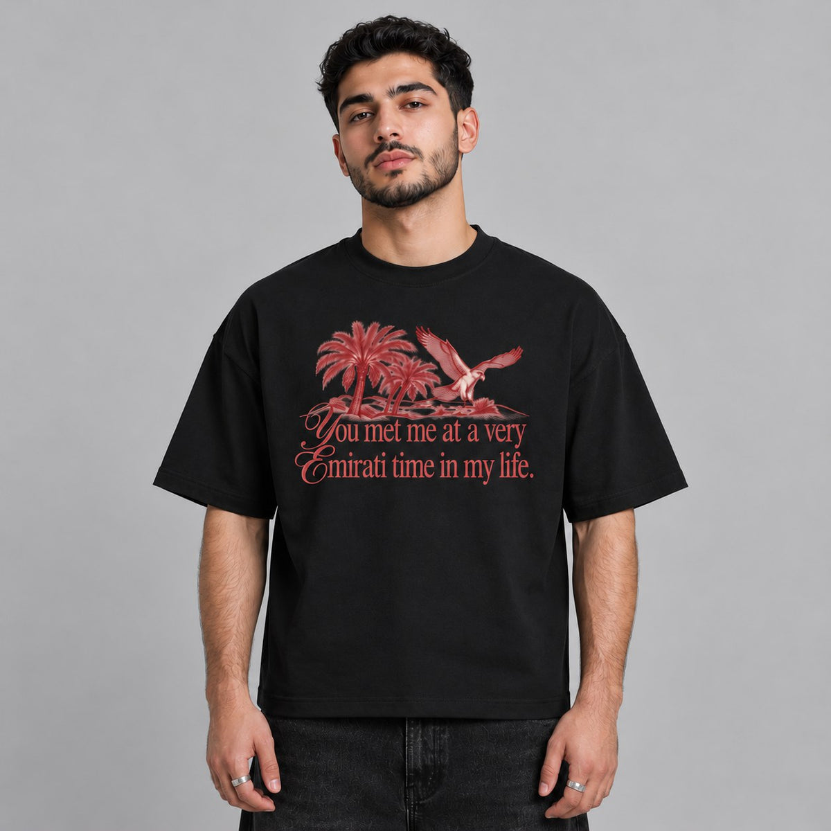 Emirati Time Tee in black, worn